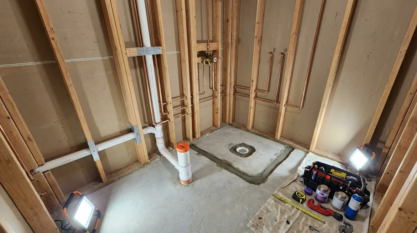 Bathroom rough-in plumbing during remodel by Johns Plumbing LLC in Walnut Grove