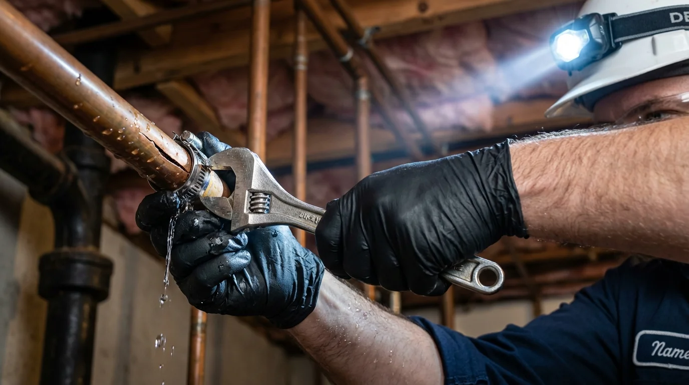 Emergency pipe clamp repair being performed by a Johns Plumbing LLC plumber in Walnut Grove
