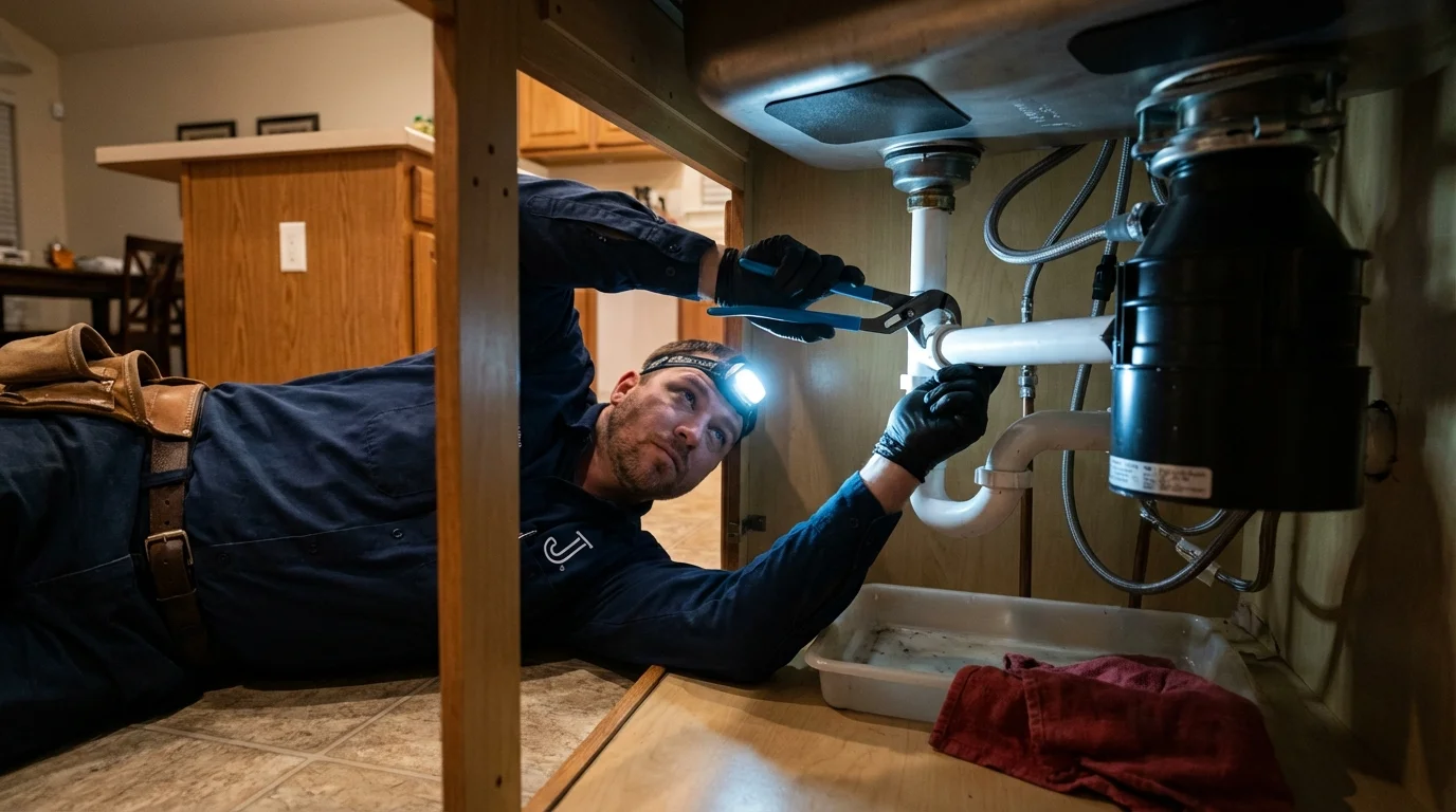 P-trap and supply line connections under a kitchen sink showing a common leak point in Walnut Grove, CA